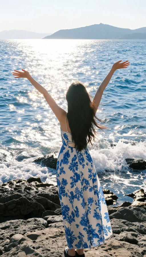 逆光海浪中，背影诉说海边自由