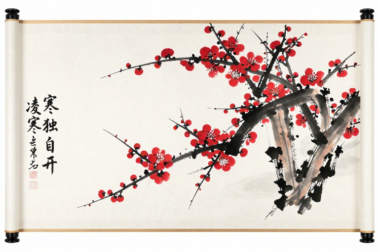 水墨红梅图：凌寒独自开的诗意画卷