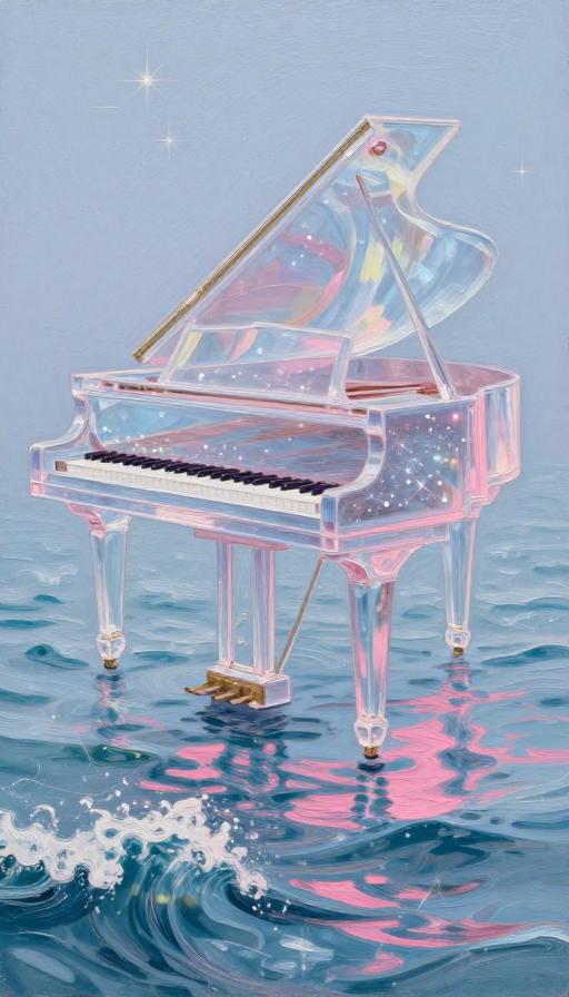 透明星光钢琴与粉彩海浪的油画幻境