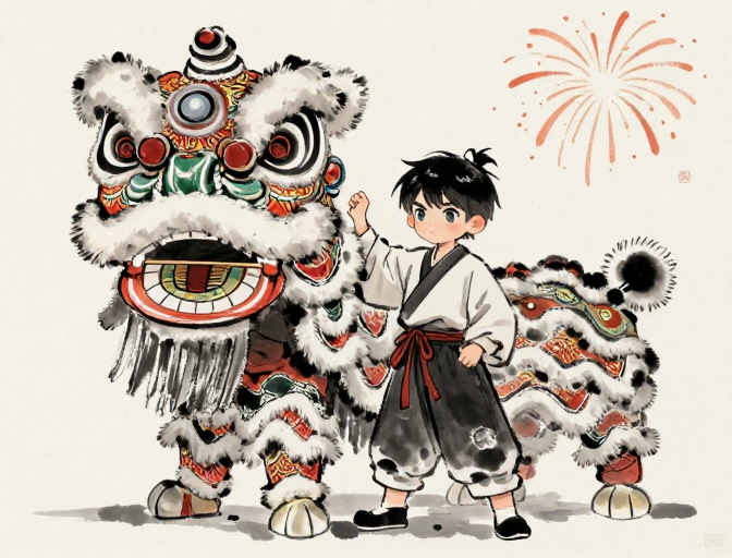 水墨少年迎醒狮：新春烟花绽放的国风画卷