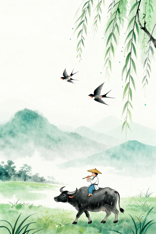 水墨青绿烟雨图：牧童与燕子的田园诗意