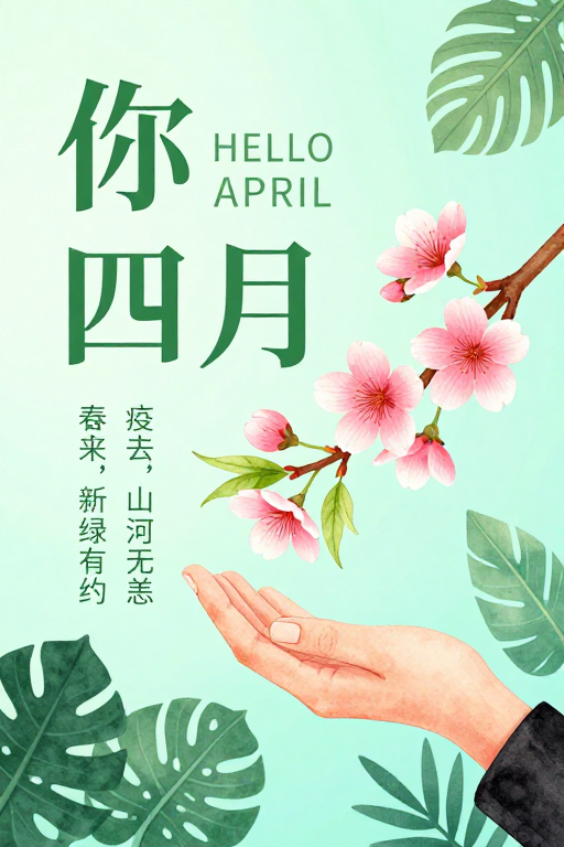 清新春季海报：你好四月，生机与希望