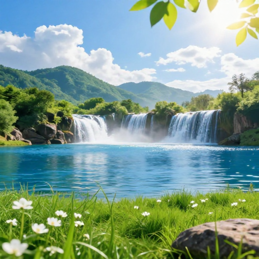 三重景深治愈系风光：翠绿草坪与湛蓝湖泊的自然画卷