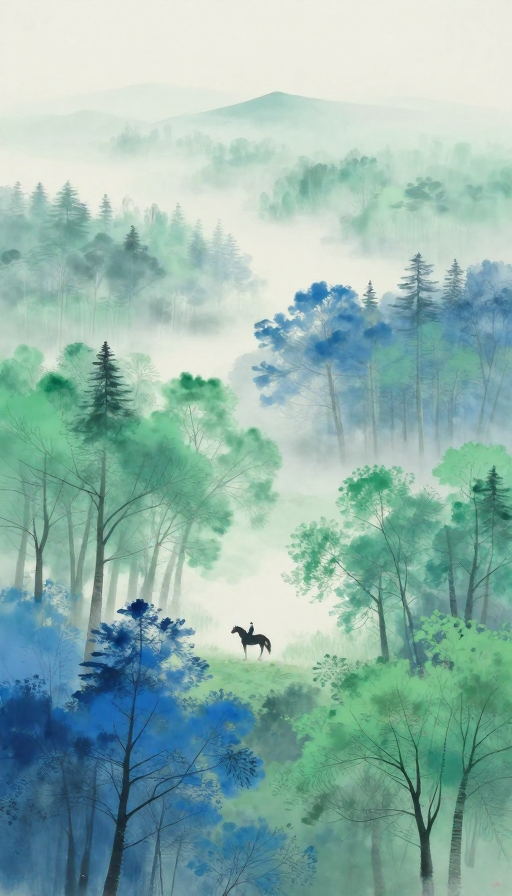 东山魁夷蓝绿迷雾森林顶视意境图