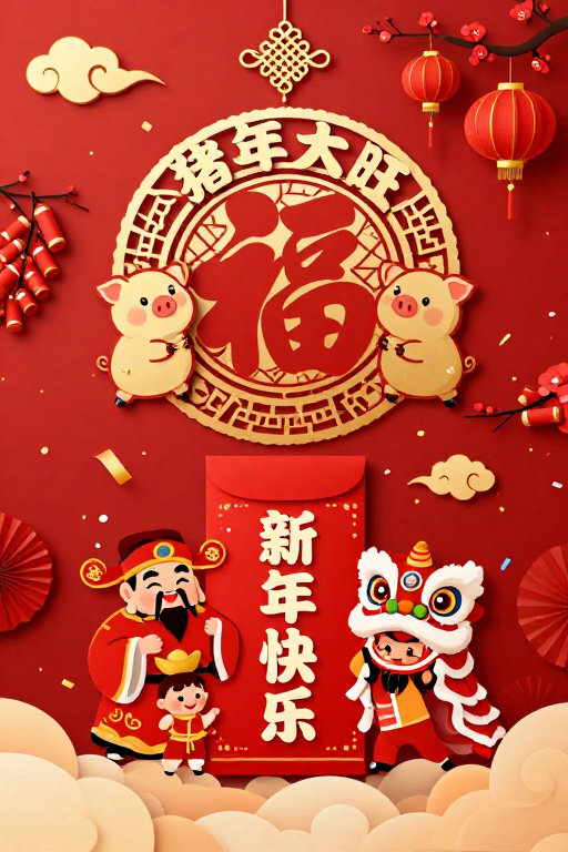 喜庆金红剪纸猪年新年背景图