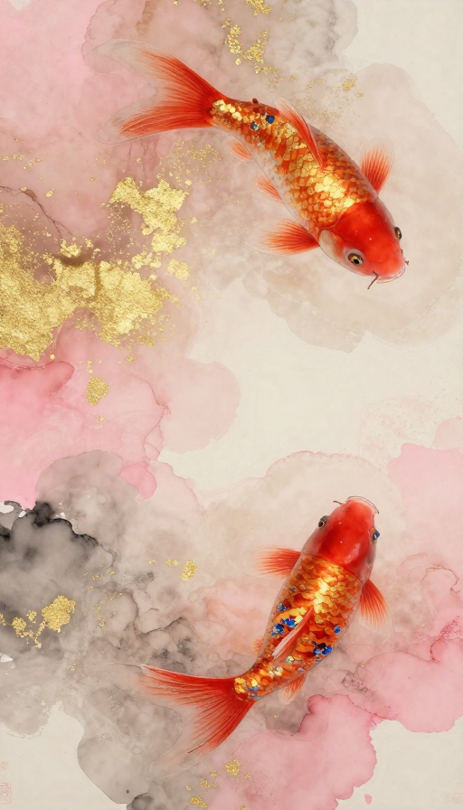 金箔锦鲤印象派 · 浪漫古风岩彩晕染艺术插画