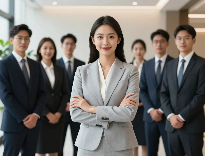 亚洲女高管微笑引领团队,高清商务摄影