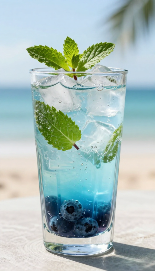 莫兰迪蓝绿夏威夷海边蓝莓冰饮摄影