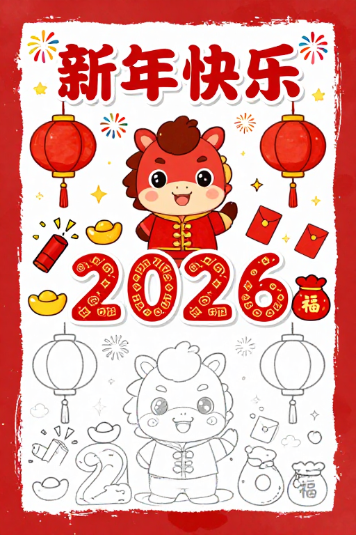 新年手绘贺岁海报：红色喜庆与童趣结合