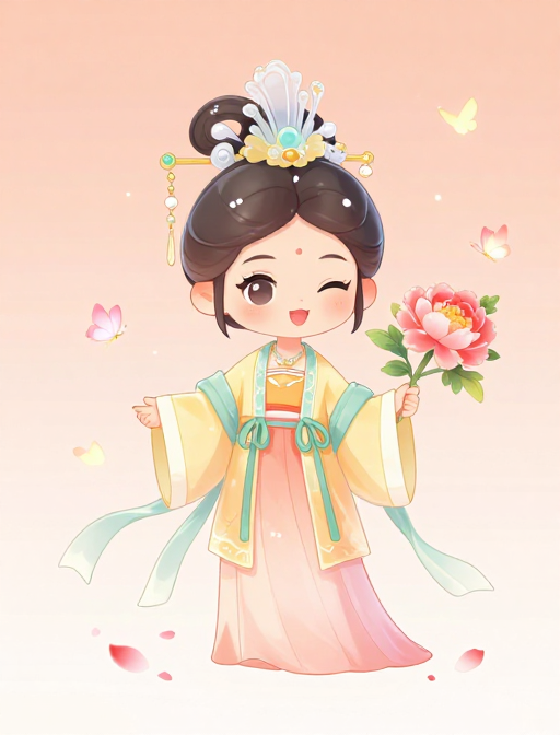 OC卡通贵妃游园:丝绸衣袖与花瓣动态