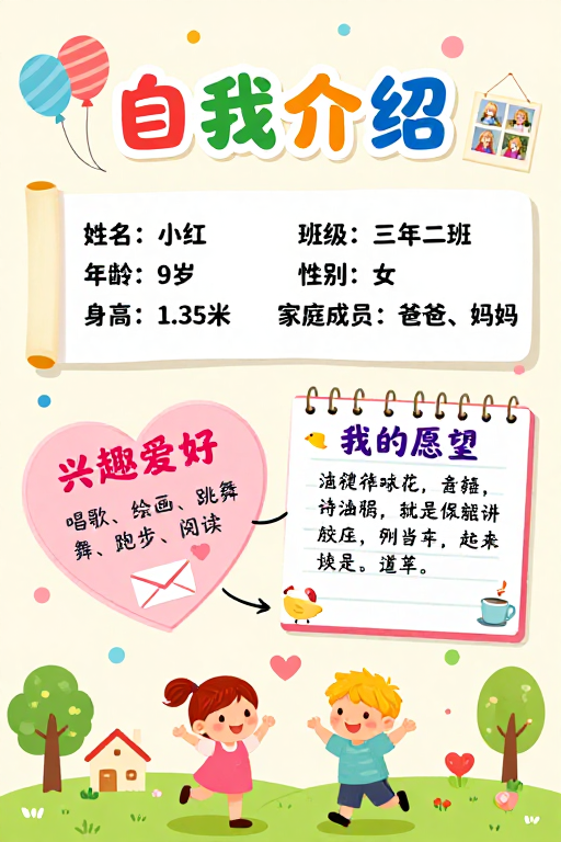 童趣手账自我介绍海报:金发女孩温馨插画设计