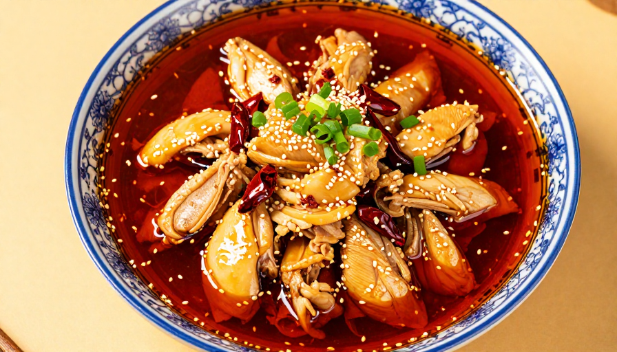 青花瓷碗盛装红油口水鸡，诱人美食摄影