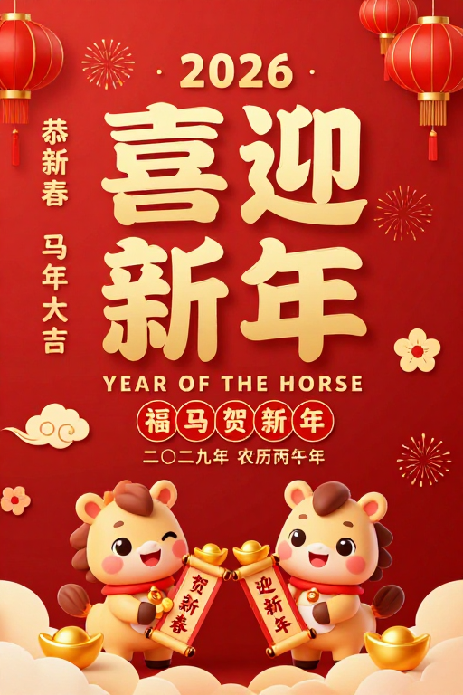 2026新春贺图:金色立体字与卡通马的热烈庆祝