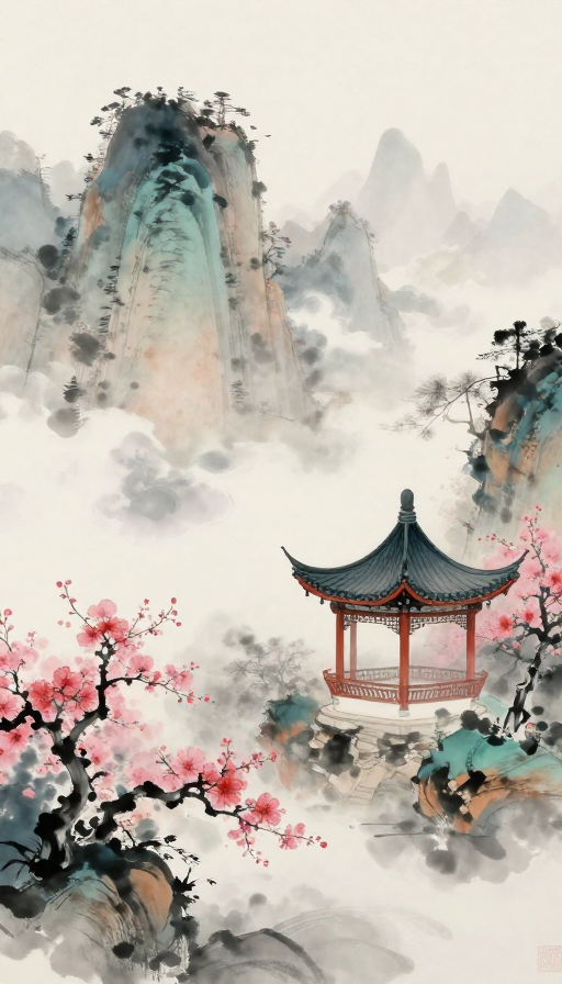 水墨仙山云雾缭绕古建繁花点缀的梦幻意境