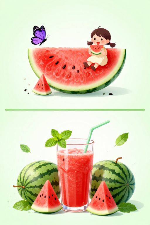 清新夏日水果插画：童趣西瓜与果汁背景图