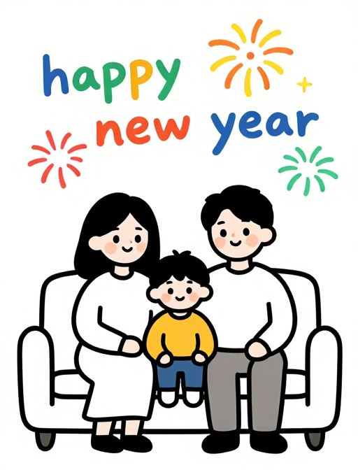 2025新年快乐：温馨家庭彩色线稿插画