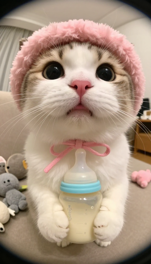 超写实圆胖猫喝奶特写：萌系室内温馨瞬间