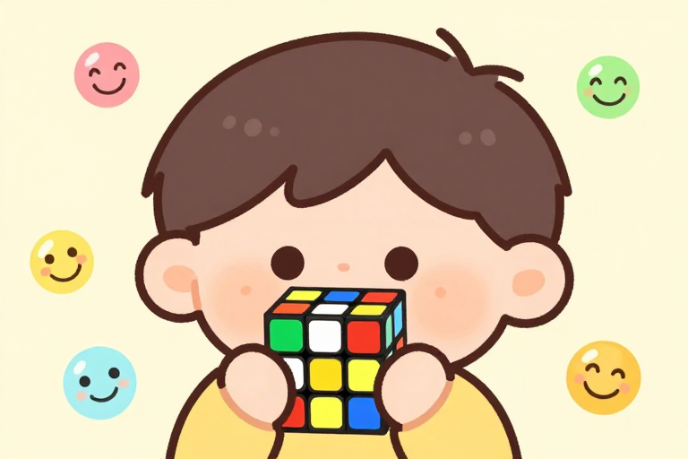 童趣魔方游戏：卡通泡泡环绕男孩特写