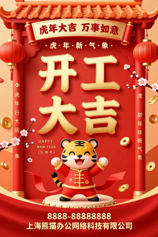 虎年开工大吉 红金中国风新年海报
