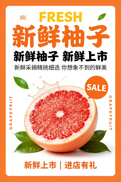 清新活力柚子促销海报，新鲜上市诱人展示