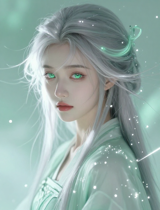 薄荷绿古风少女银发特写，柔光渲染忧伤仙气
