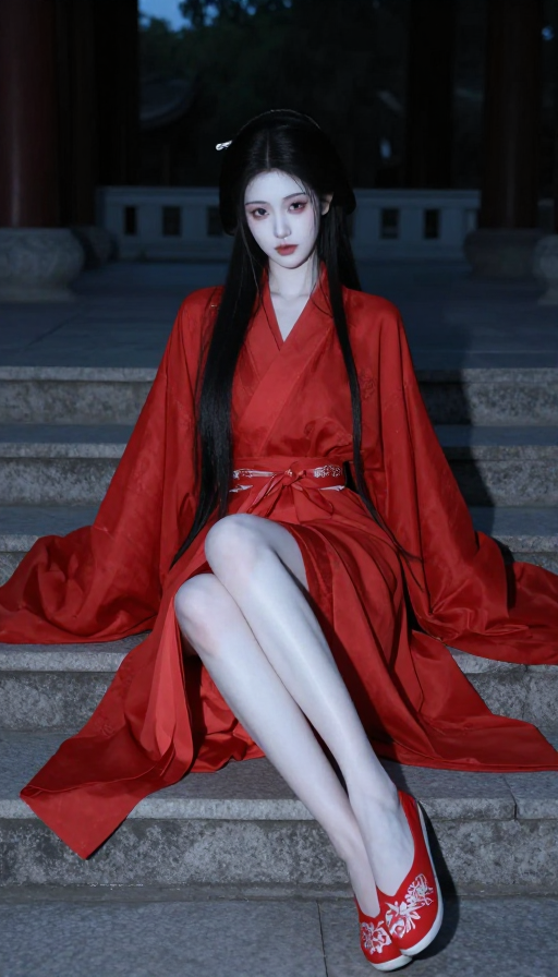 红嫁衣下的古典佳人：夜色中的孤寂之美