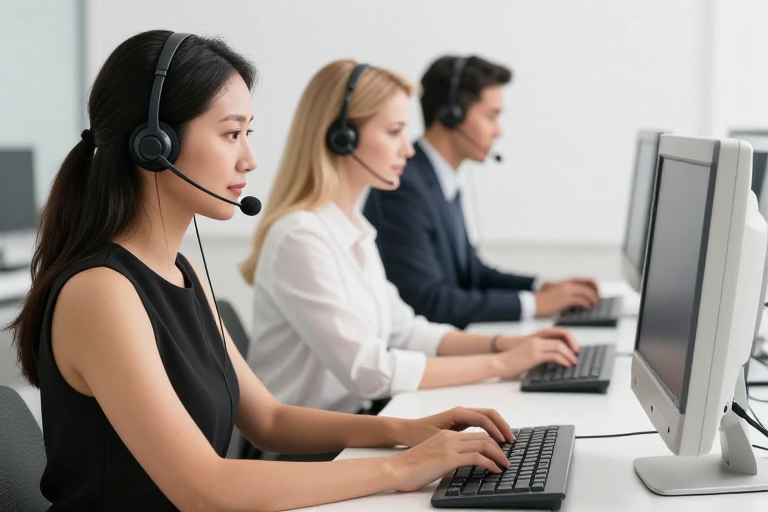 专业客服团队工作场景：高清冷调柔光人像摄影