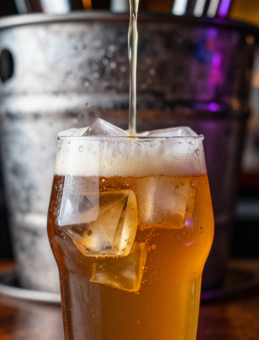 焦糖精酿微距：冰块折射霓虹的视觉盛宴