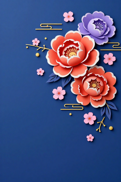 深蓝背景立体剪纸牡丹：东方节庆艺术插画