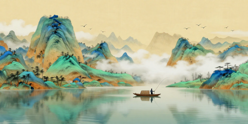 青绿山水小舟垂钓：中国风艺术风景插画