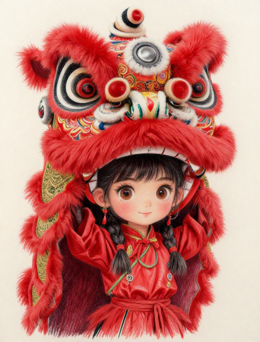 非遗新韵：红色醒狮少女彩铅画