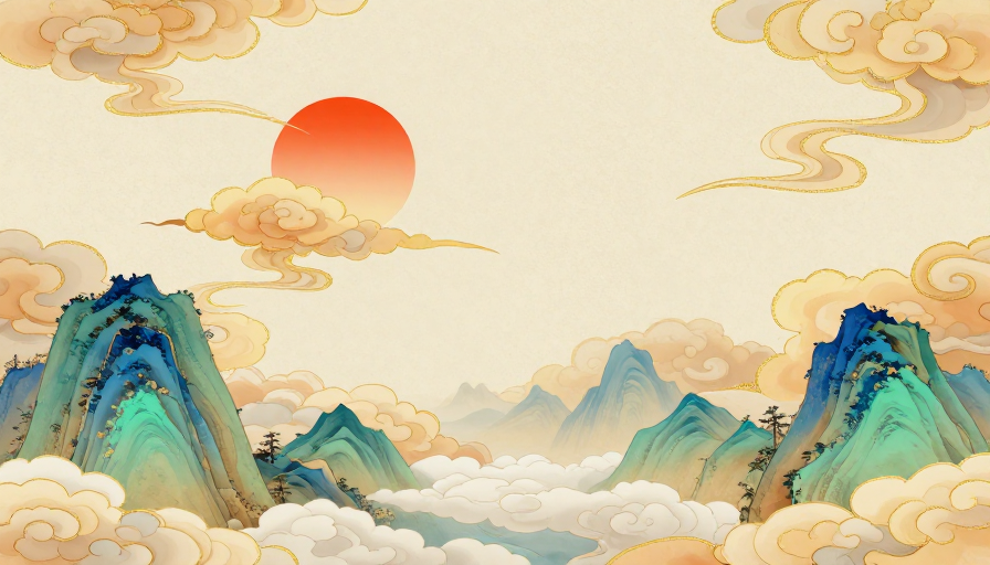 典雅中国风云纹山水背景，融合宋元美学与宫廷装饰