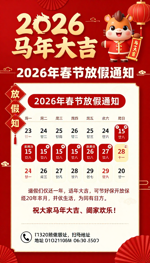 2026马年新春放假通知:红色中国风喜庆海报