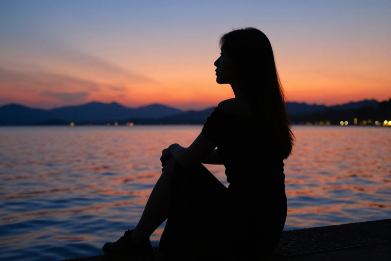 夕阳湖畔剪影:孤独女性的沉思时刻