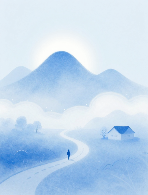 蓝色调极简乡村意境流体粉彩插画