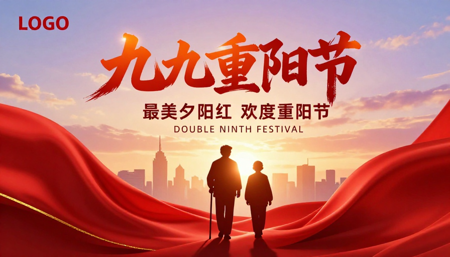 九九重阳佳节：中国红绸缎与夕阳老人的温情庆祝