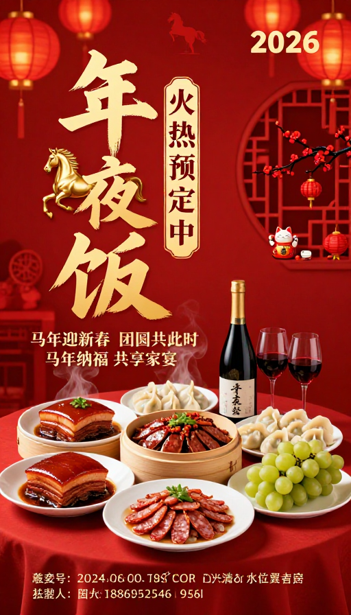 马年新春年夜饭海报:喜庆金红盛宴预定