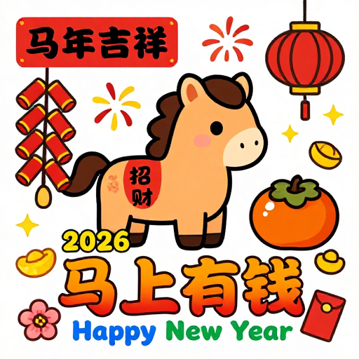 2026马年卡通庆祝插画:招财吉祥与新年祝福