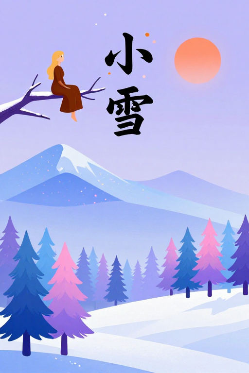 梦幻紫蓝冬日雪景插画，静谧中蕴含诗意与温暖