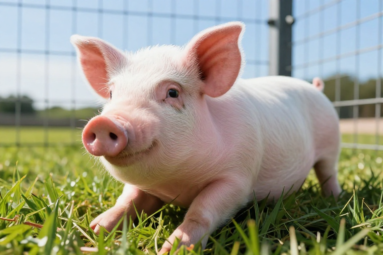 粉白小猪好奇探索翠绿牧场实景