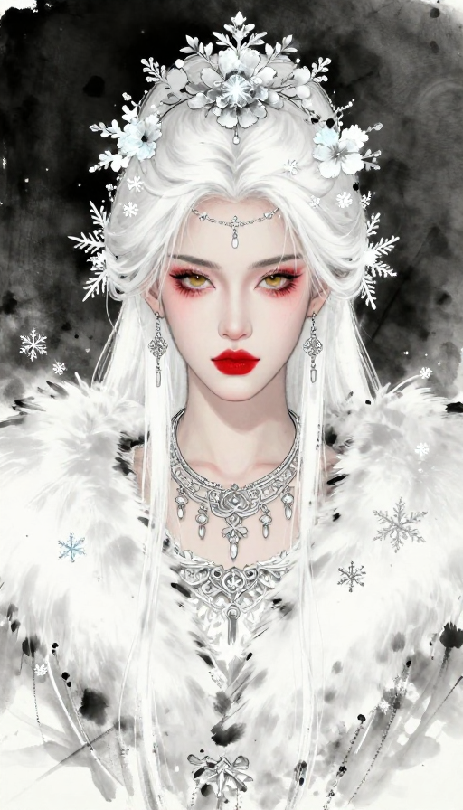 雪域冰花水墨神女图
