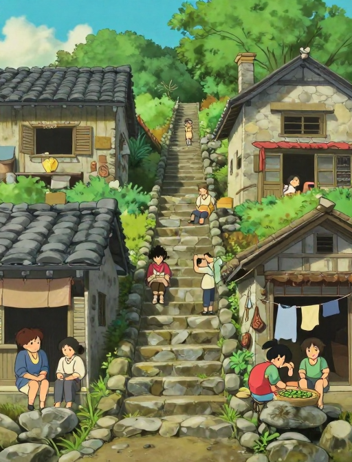 宫崎骏风乡村石屋生活全景插画