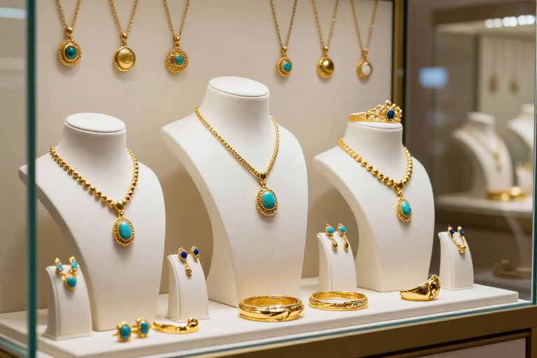 奢华黄金珠宝套装展示：绿松石蓝宝石镶嵌高定臻品