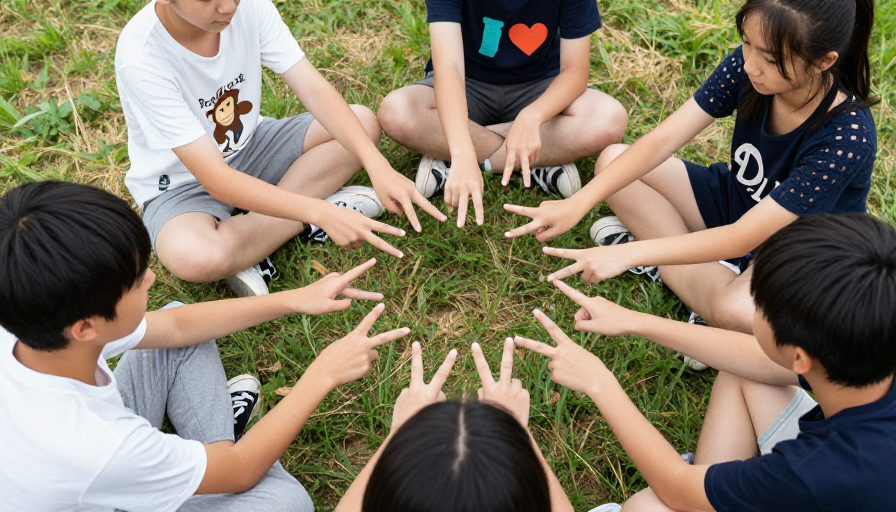 青春友谊:六位亚洲少年夏日草地合影