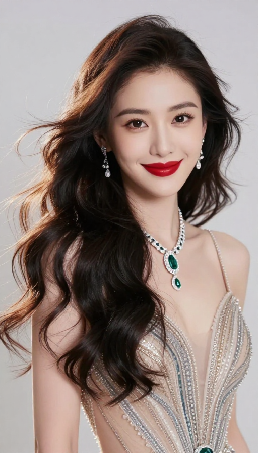 华丽红唇魅力女主播：精致礼服与微风吹起的长发