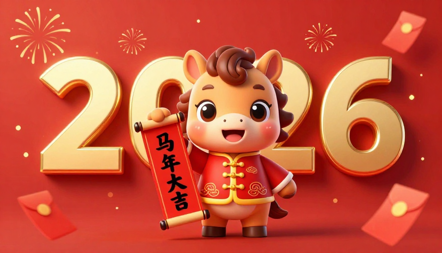 3D卡通马形象,马年大吉喜庆氛围渲染图
