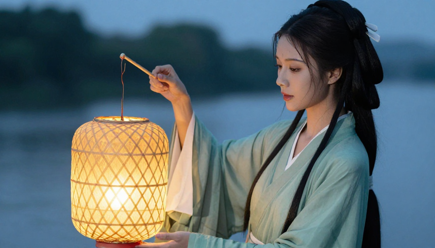 古风佳人持灯映暮色：青衫雅韵，灯笼暖光