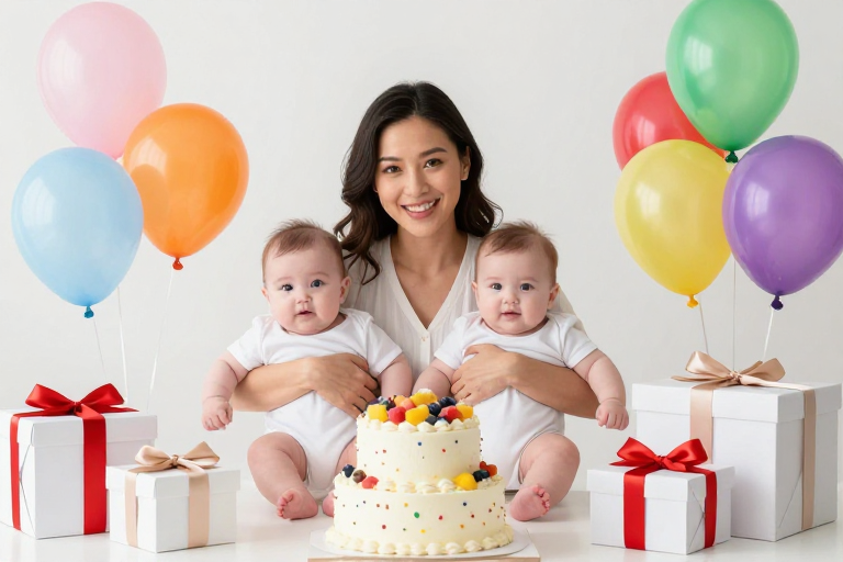 温馨母婴佳节：亚洲宝妈怀抱双子庆生