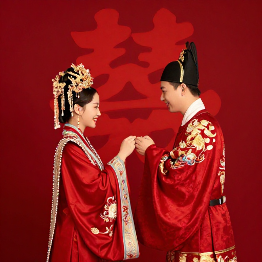 喜庆中式婚礼新人合照·红色囍字烘托欢乐氛围