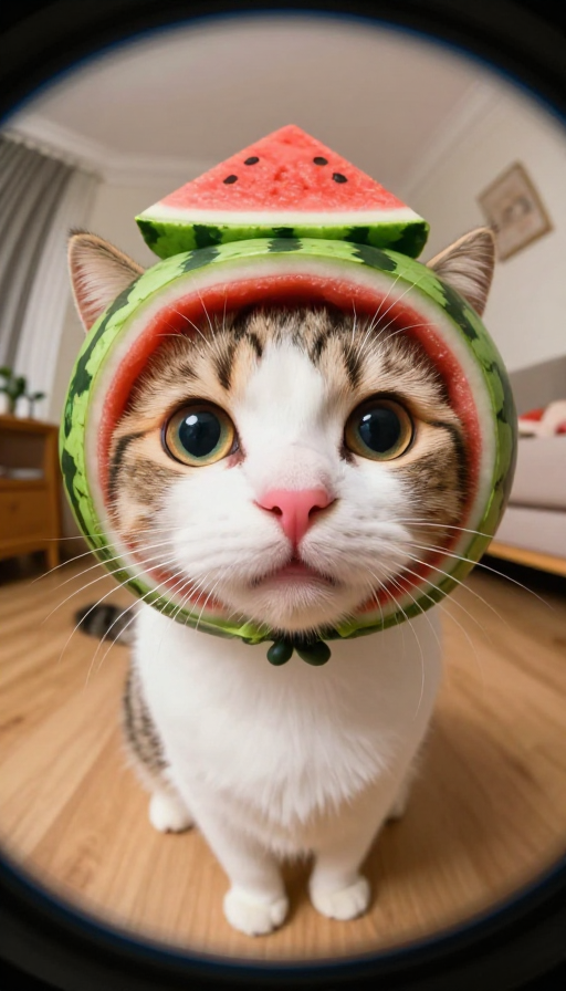 超写实电影感:异瞳西瓜头套萌猫特写